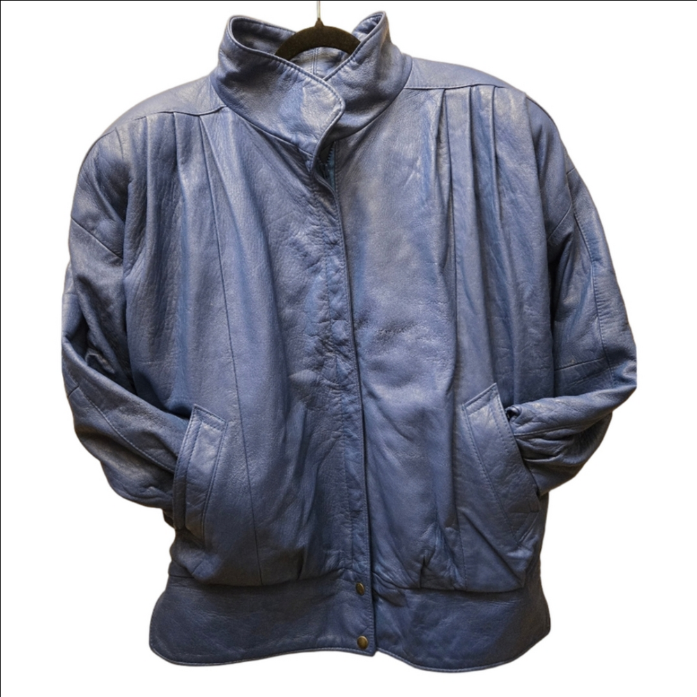 Vintage 70s Blue Leather Jacket Bainton Made in England Zip FrontVintage Bainton